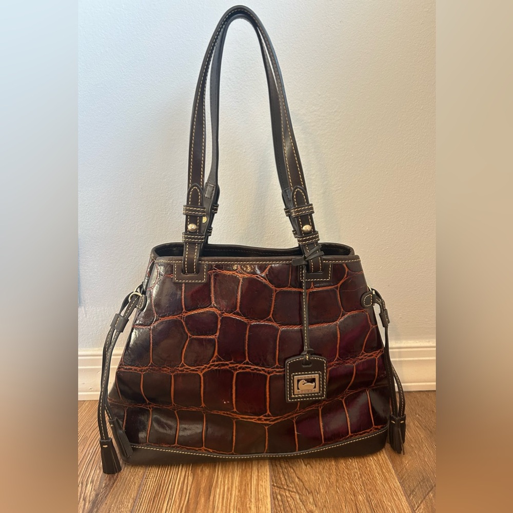 Dooney & Bourke Croc Embossed Leather Tassel Tote Handbag Cognac Brown